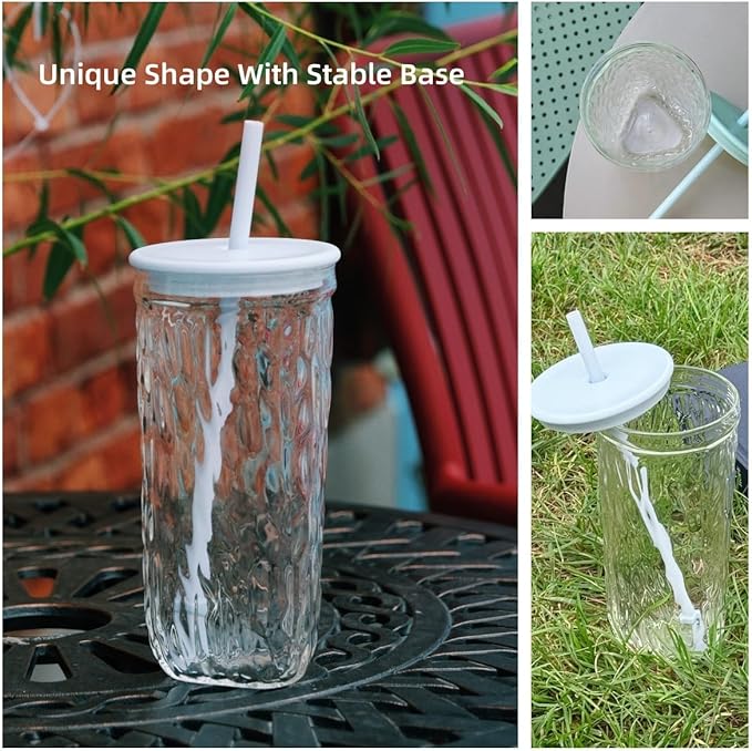 Bark Texture Glass Tumbler with Lid and Straw, Reusable Glass Cup for Coffee, Juice, Water, Tea, Smoothies, Heat Resistant, Dishwasher & Microwave Safe –16 oz Aesthetic Iced Coffee cup