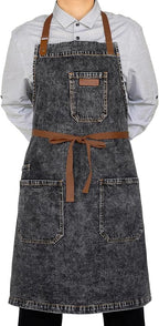 Denim Apron with Pockets, Mens Womens Professional Black Kitchen Bib Apron for Chef Cooking Grill BBQ, with Towel Loop and Adjustable Neck Straps