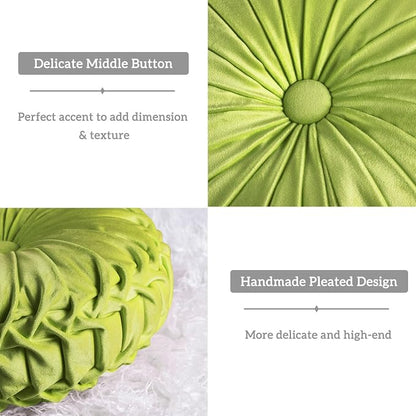 HIG Set of 2 Apple Green Velvet Decorative Round Pleated Throw Pillows | - Image 3
