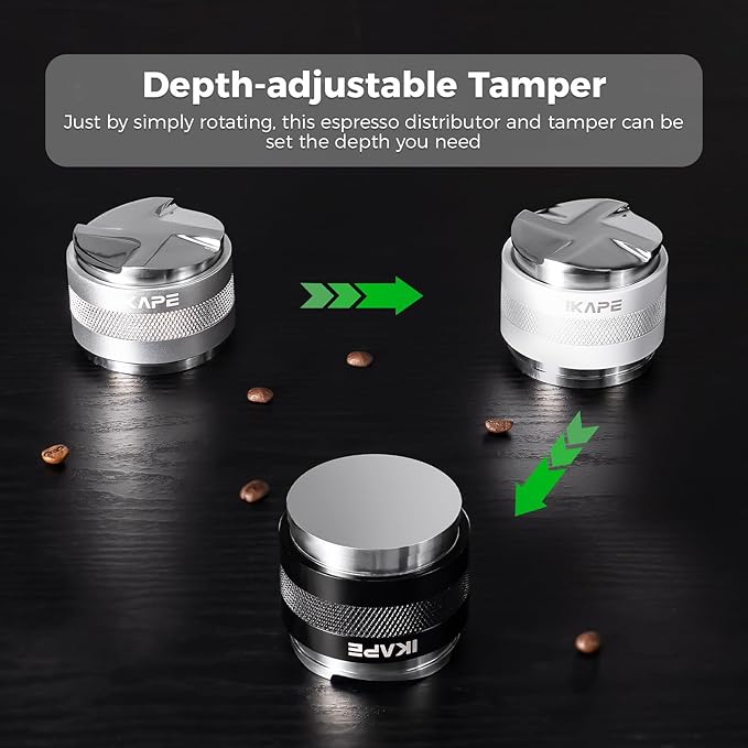 IKAPE Coffee Products, 51mm Coffee Distributor & Hand Tamper, Adjustable Depth Espresso Distributor Fits All 51mm Espresso Portafilter, Compatible with Delonghi Bottomless Portafilter (White)