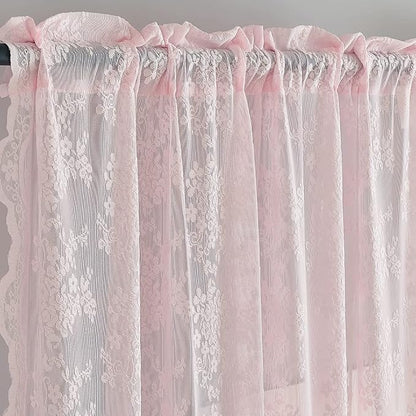 YJ YANJUN Vintage Lace Curtains 63 Inches Length- Cute Sheer Pink Curtains - Image 3
