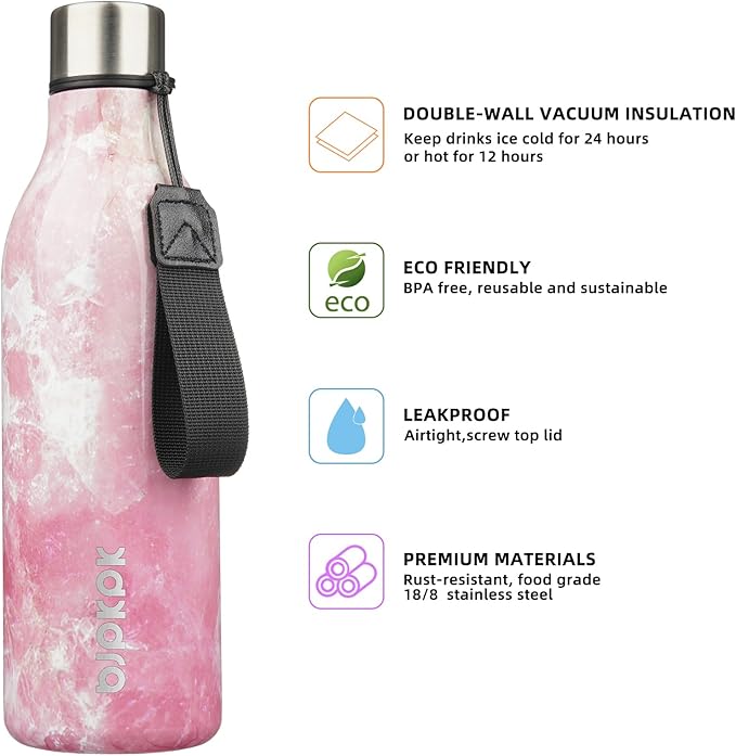 BJPKPK Insulated Water Bottles, 25 oz Stainless Steel Metal Water Bottle with Strap, BPA Free Leak Proof Thermos, Mugs, Flasks, Reusable Water Bottle for Sports & Travel, Blossom
