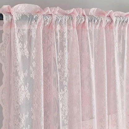 YJ YANJUN Vintage Lace Curtains Pink Boho Floral 80 Inch Curtains - Image 2