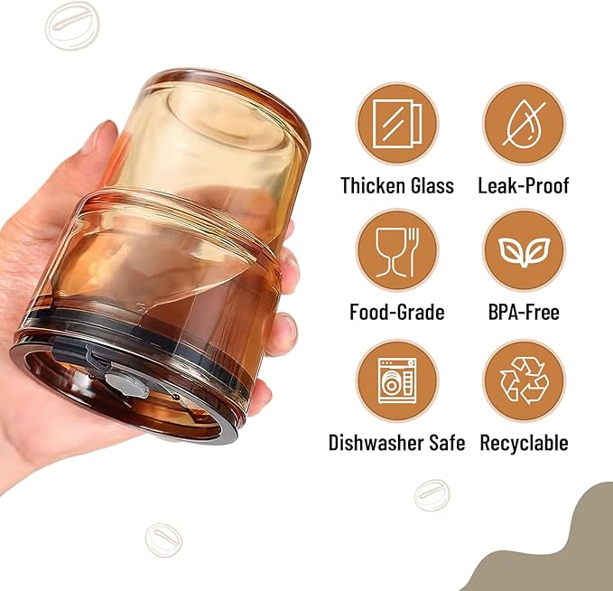 13 oz Glass Tumbler with Glass Straw and Lid, Leak-Proof Reusable Travel Cup for Iced Coffee, Tea, Matcha, Fruit Juice – Thick Wall Clear Water Bottle (Amber, 2 Pack)