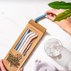 Premium Reusable Silicone Drinking Straws + Patented Straw Squeegee - 9” Long With Curved Bend for 20/30/32oz Tumblers - Neutral Pastel Colors, BPA Free, Flexible, Bendy