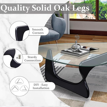 Mid-Century Modern Coffee Table, Tempered Glass Top & Natural Wood Base - Image 4