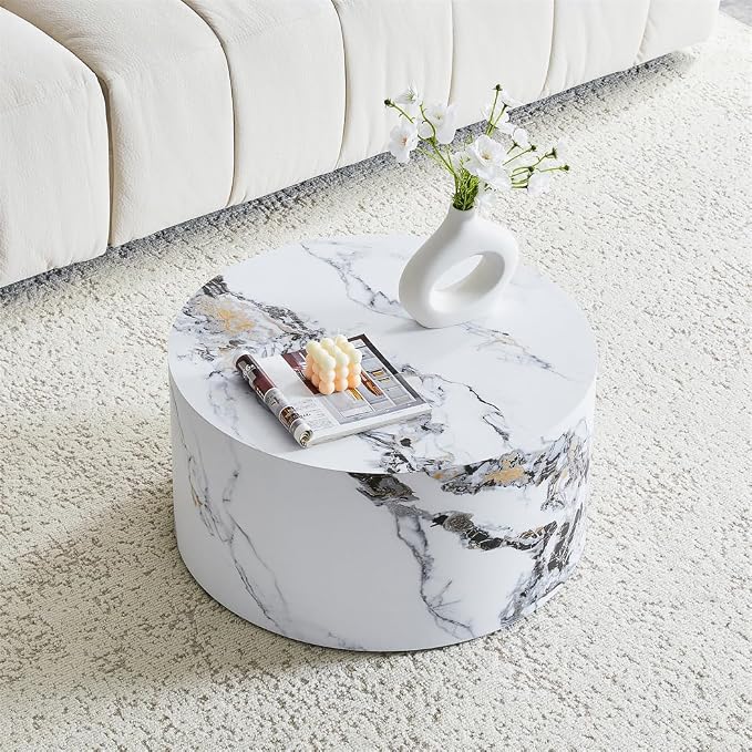 Round Coffee Table Living Room Table, Modern White Faux Marble Center Couch - Image 3