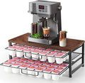 K Cup Holder Organizer for 70 Pods, 2-Tier Coffee Pod Holder for K-Cup with 2 Sliding Storage Drawers, Coffee Station Bar Organizer for Kitchen Countertop, Home & Office, Wooden