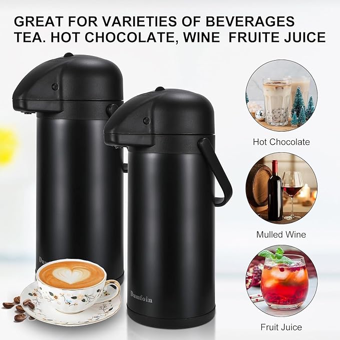 Updated Airpot Coffee Dispenser with Pump, 85 OZ Insulated Thermal Coffee Carafe for Keeping Hot - Cold Water, Party Chocolate Drinks & Stainless Steel Thermos Urn Large Thermal Hot Drink (Black)