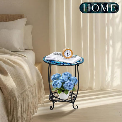 Cinnvoice Outdoor Side Table Round Small Mosaic Patio Accent Indoor End Plant - Image 7