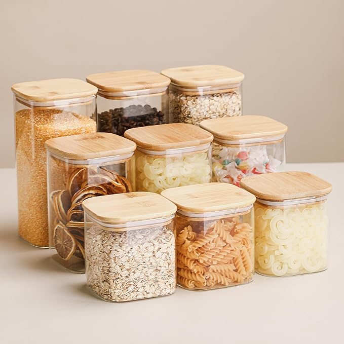 Glass Food Storage Containers with Lids, 50 Oz High Borosilicate Glass Jars for Coffee Bean, Candy, Cookie, Flour, Square