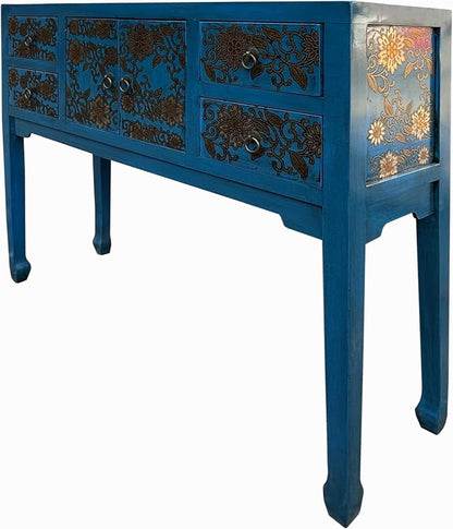Blue Lacquer Golden Flower Graphic Drawers Slim Foyer Side Table Acs7732 - Image 4