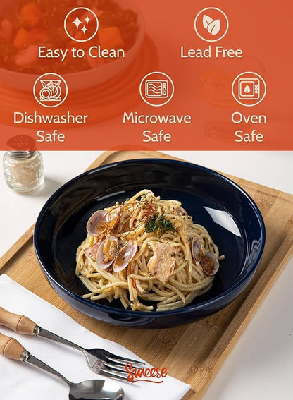 Sweese Pasta Bowls, 30 Ounce Salad Serving Bowls Set of 6, 8.4 Inch Porcelain Plates for Serving Dinner, Salad - Microwave Dishwasher Safe, Hot Assorted Colors