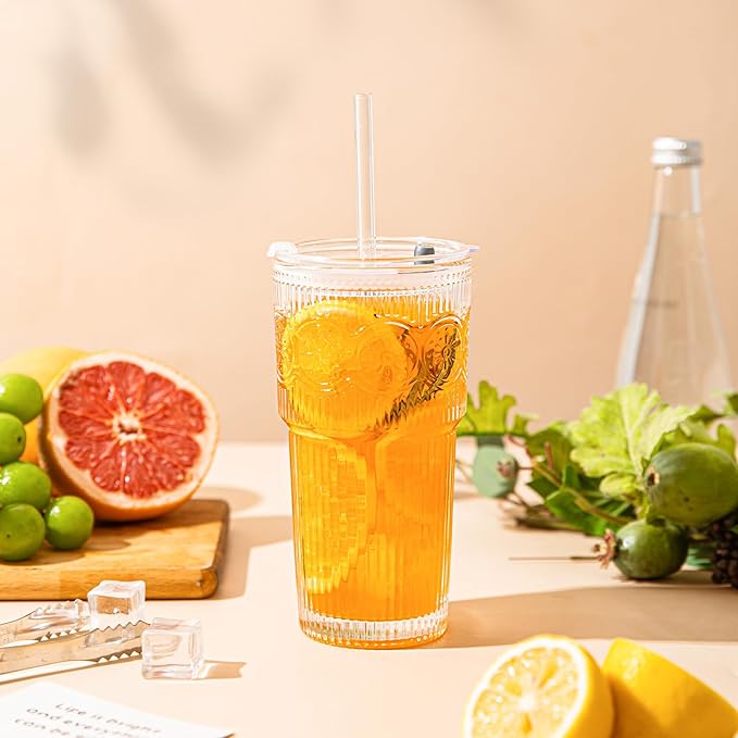 20oz Ribbed & Floral Glass Tumbler Set of 2 – Reusable Glass Cups with Lid and Glass Straw, To-Go Iced Coffee Cups for Water, Smoothie, Milk, Cocktail & More – Perfect for Daily Use & Travel