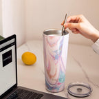THILY Stainless Steel Vacuum Insulated Tumbler 26 oz Triple-Insulated Travel Mug with Splash-Proof Lid, for Iced Coffee and Hot Beverage, Pink Ripple + Lotus Flower