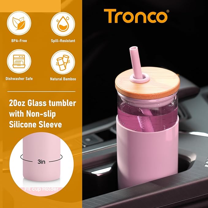 Tronco 20 oz Glass Tumbler with Lid and Straw, Reusable Iced Coffee Cup with Silicone Sleeve & Bamboo Lid, Smoothie Cup for Home, Office, for Father Men Day Gift from Wife Daughter Son (Blue Horizon)