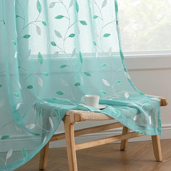 MIULEE Turquoise Sheer Curtains 2 Panels Leaf Patterned, W52 x L96 | by MIULEE