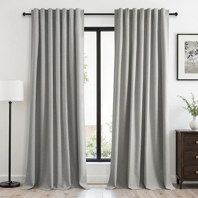 Grey Linen Blackout Curtains 95 Inch Long 2 Panels Back Tab Thermal Insulated by Topfinel