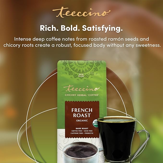 Teeccino French Roast Chicory Coffee Alternative, 11 Ounce: Ground Herbal Coffee That’s Prebiotic, Caffeine-Free & Acid-Free, Dark Roast, with Carob and Chicory, No artificial flavors