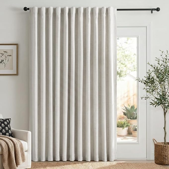 Linen Textured Total Blackout Sliding Door Curtains 84 Inches Long, Thermal by 100BlackoutShield