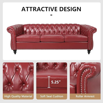 Mid-Century 3 Seater Sofa, Faux Leather Couch - Image 5