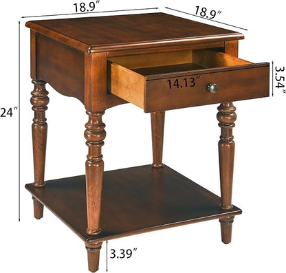 End Table with Drawer and Storage Shelf, Solid Wood Sofa Side Table, Square - Image 2