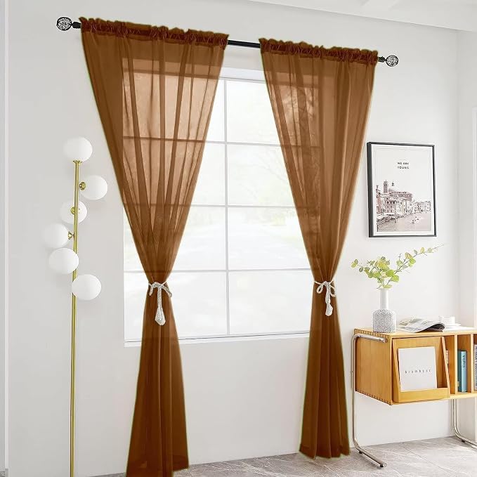 SpaceDresser Basic Rod Pocket Sheer Voile Window Curtain Panels Brown 1 Pair 2 - Image 2