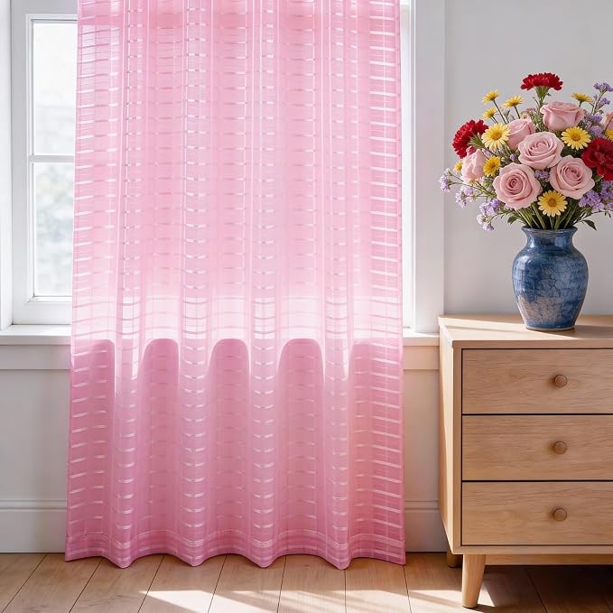 SpaceDresser Check Sheer Curtains 96 Inches 2 Panels Set, Rod Pocket Plaid - Image 3