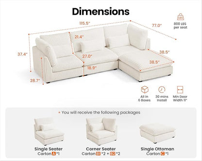 115" Oversized Corduroy Couch Modular Sectional Sofa, Washable Cloud Couch - Image 2