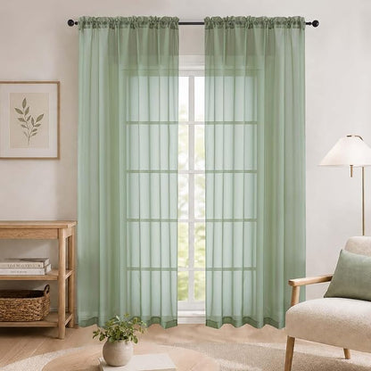 Sage Green Sheer Curtains 84 Inches Long 2 Panels Set by WelvetBLK
