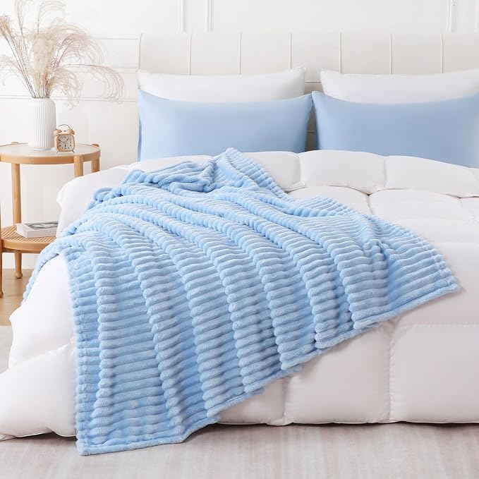 Light Blue Throw Blanket for Couch Sofa 108x90 inches Striped Design | Fleece - Image 2