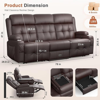 RV Loveseat Recliner Sofa, Built-in Power Strip, Massage Wall Hugger 3-Seater - Image 2
