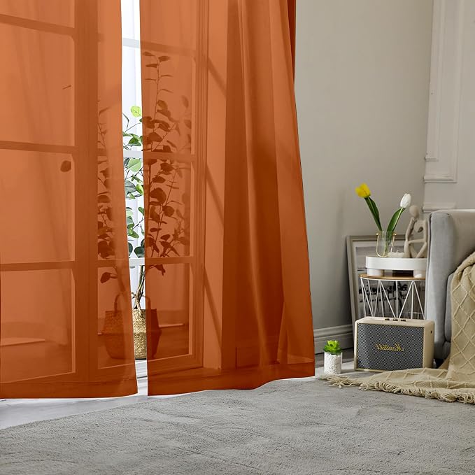 Orange Sheer Curtains 96 Inches Long 2 Panels, Light Filtering Voile Airy - Image 2
