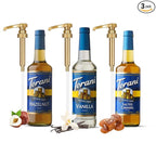 Coffee and Tea Syrup Variety Pack - Sugar Free Vanilla, Salted Caramel & Hazelnut Syrups for Coffee with 3 Jimoco Syrup Pump Dispenser Compatible with 25.4 Ounces