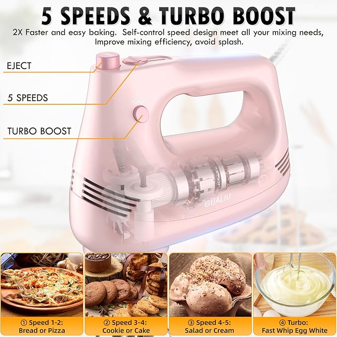 Electric Hand Mixer with Stainless Steel Whisk, Dough Hook Attachment and Storage Bag, Handheld Mixer for Baking Cakes, Eggs, Cream Food Mixers. Turbo Boost /5 Speed Kitchen Blender PINK