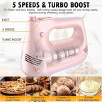 Electric Hand Mixer with Stainless Steel Whisk, Dough Hook Attachment and Storage Bag, Handheld Mixer for Baking Cakes, Eggs, Cream Food Mixers. Turbo Boost /5 Speed Kitchen Blender PINK
