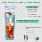 20 oz Skinny Tumbler with Lid and Straw,Stainless Steel Vacuum Insulated Tumbler Cup Double Wall Leak-proof Coffee Mug,Travel Thermal Water Tumbler for Home,Office,Outdoor (Glacier blue,8)