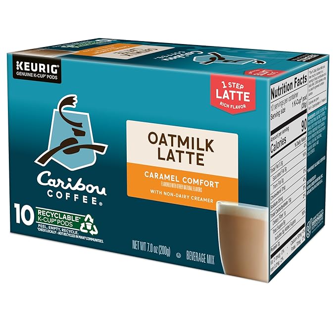Caribou Coffee Caramel Comfort Oatmilk Latte, One Step Latte Single Serve Keurig K-Cup Pods, 60 Count (6 Packs of 10)