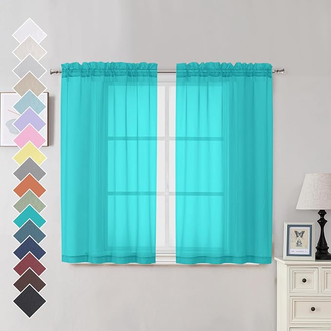 Turquoise Sheer Curtains 45 Inches Long 2 Panels, Light Filtering Sheer Curtains by OVZME