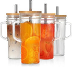 24Oz Ribbed Glass Tumblers with Lids and Straws, Glass Tumbler with Handle, Vintage Glass Cups Thick Drinking Glasses Set of 4, Ideal for Iced Coffee, Smoothies, Cocktails, Tea and Juices