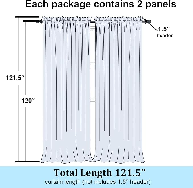 Simplebrand Sheer White Curtains 120 Inches Long, Extra Long Rod Pocket Solid - Image 2
