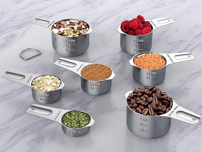 Stainless Steel Measuring Cups, Wildone Metal Measuring Cups Set with Easy to Read Markings for Measuring Dry or Liquid Ingredients, Set of 7