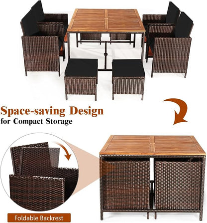 Tangkula 9 Pieces Acacia Wood Patio Dining Set, Space Saving Wicker Chairs and - Image 7