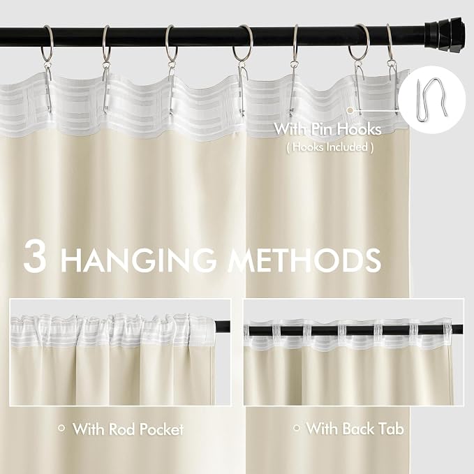 MIULEE Birch Back Tab Blackout Curtains 52x63 Inches Long 2 Panels Set | Rod - Image 3