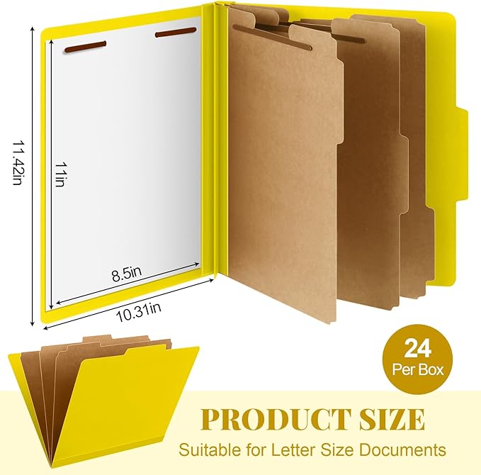 24 Pcs Classification Folders Letter Size, Back to School Supply for Teacher, Student, 3 Dividers Pressboard File Folder Bulk with 2 Fasteners, 3.5 Inch Expanding File Organizer (Yellow)