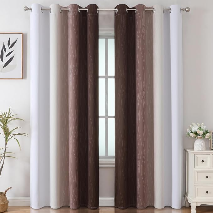 Brown and Greyish White Blackout Curtains 52Wx84L 2 Panels | Ombre Curtains - Image 2
