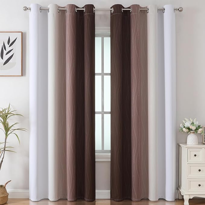 Brown and Greyish White Blackout Curtains 52Wx96L 2 Panels | Ombre Curtains - Image 2