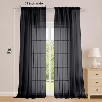 Black Sheer Curtains, Sheer Curtains 96 inches Long 2 Panels Set, Rod Pocket - Image 4