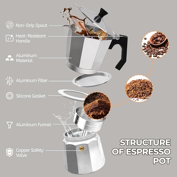 Aluminum 6 Cup 300ml Moka Pot Express Coffee Maker Stovetop Espresso Percolator Coffeemaker Italian Classic Style Brewing Greca Cafe Mocha Machine for Cafeteras Lover Camping Travel and Home Use 10oz