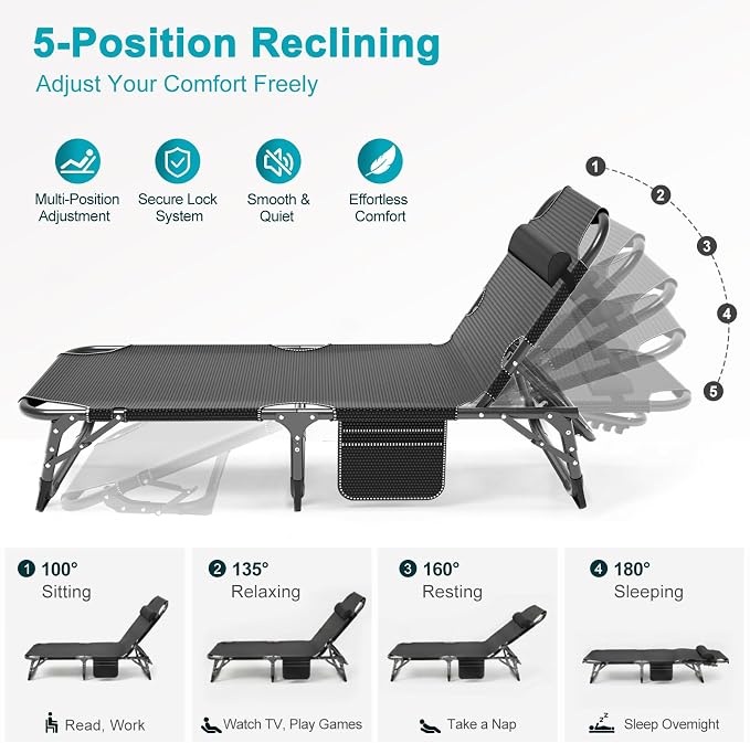 ABORON 2PK Chaise Lounge Chair, 5 Positions Padded Outdoor Tanning Chair - Image 4